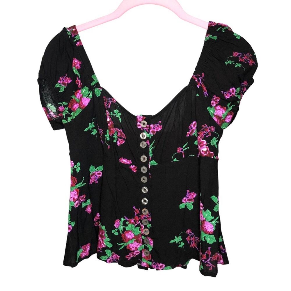 Free People Close To You Floral Puff Sleeve Button Down Top Charcoal Size XS